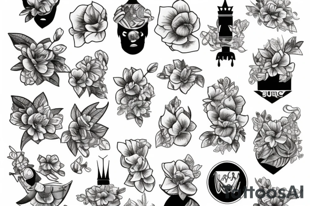 buzz lightyear, crown, and magnolia flower tattoo idea