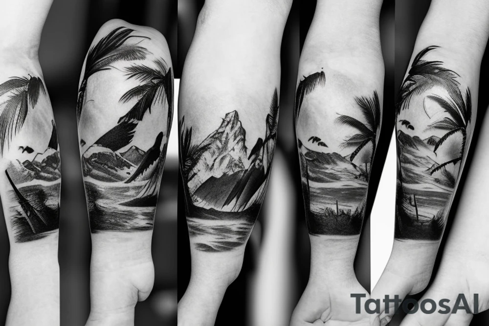 mountains, velociraptors underneath and sniper rifles tattoo idea