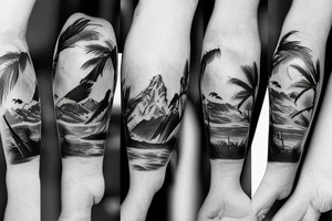 mountains, velociraptors underneath and sniper rifles tattoo idea