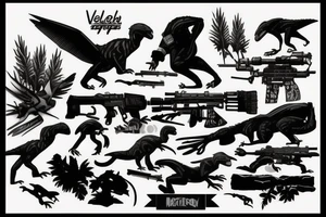 mountains, velociraptors underneath and sniper rifles tattoo idea
