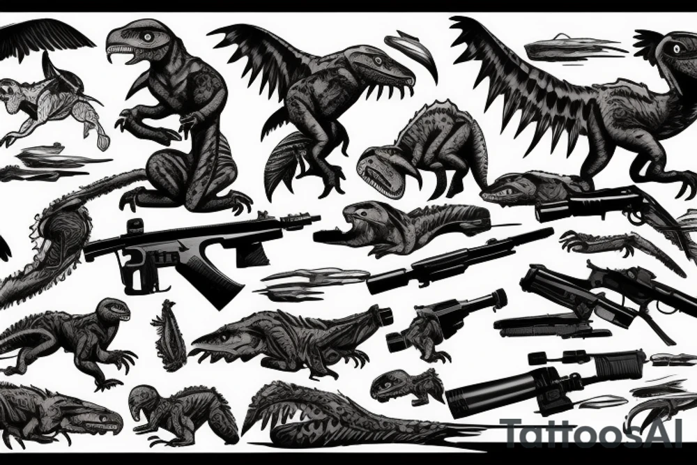 mountains, velociraptors, sniper rifles tattoo idea