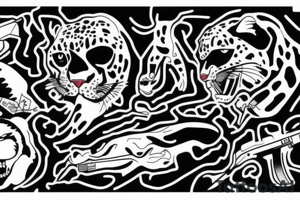 mountains, jaguar, sniper rifles, fête des morts tattoo idea