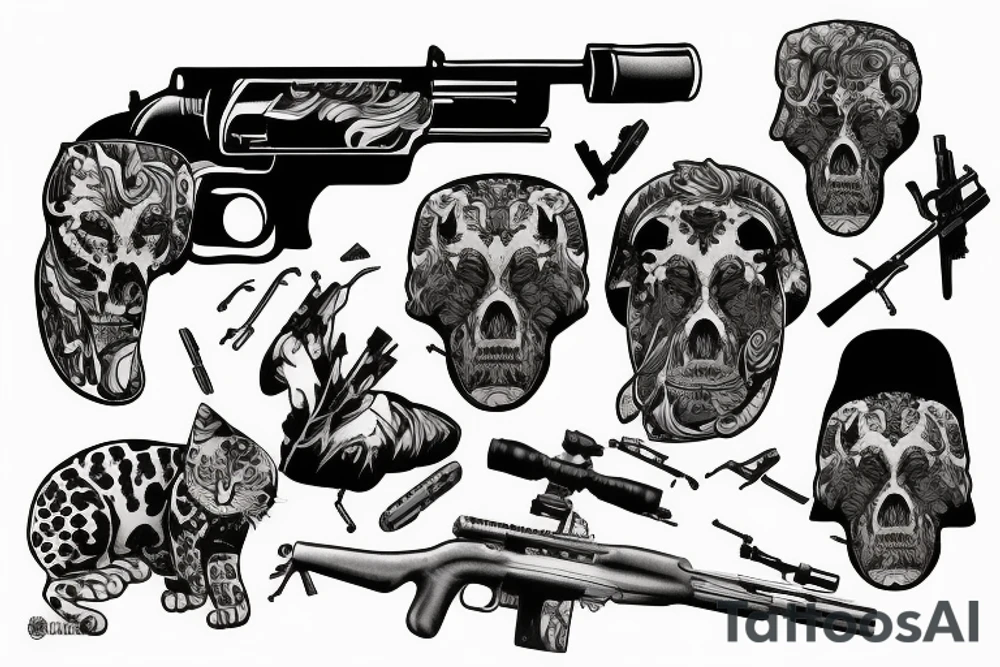 mountains, jaguar, sniper rifles, fête des morts tattoo idea