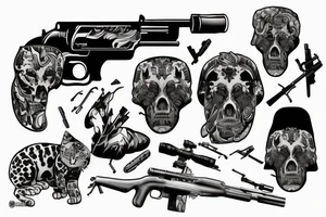 mountains, jaguar, sniper rifles, fête des morts tattoo idea