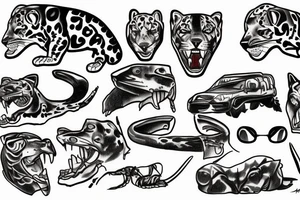 Lac de montagne, jaguar, sniper, fête des morts tattoo idea