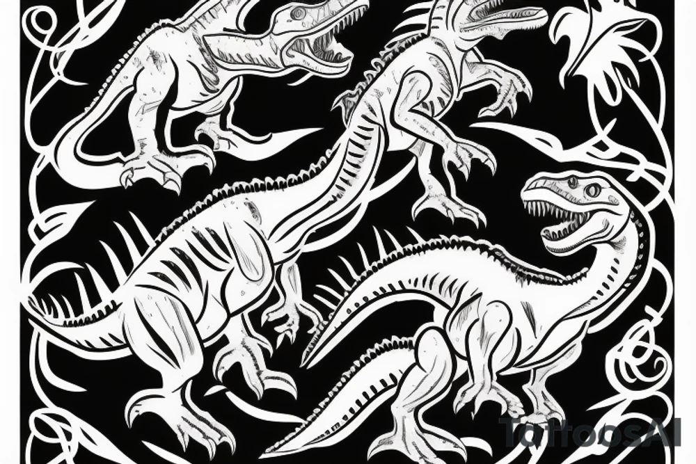 Raptor and t-Rex giving each other a high five tattoo idea