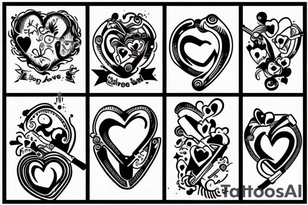 Guns shooting heart and love tattoo idea