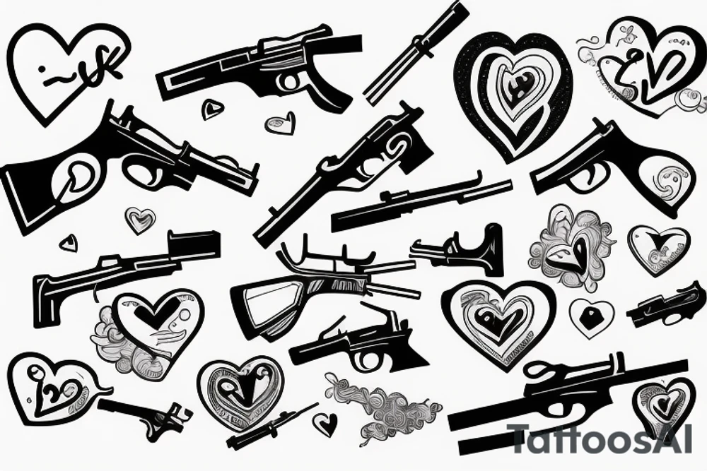 Guns shooting heart and love tattoo idea