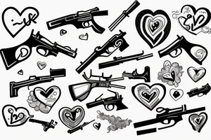 Guns shooting heart and love tattoo idea