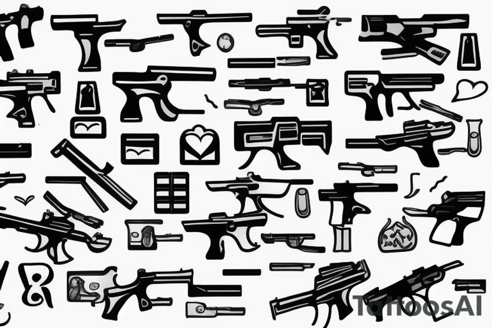 Guns shooting heart and love tattoo idea