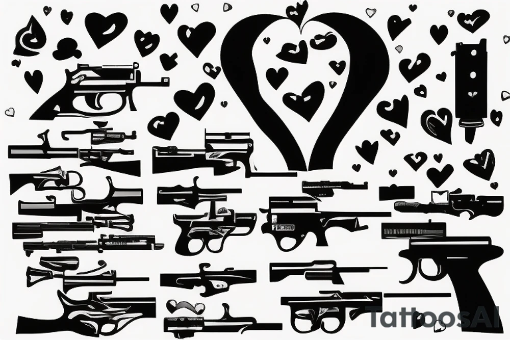 Guns shooting heart and love tattoo idea