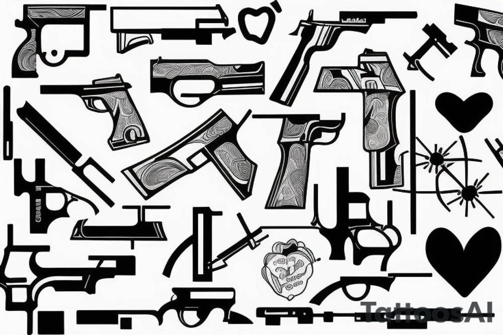 Guns shooting heart and love tattoo idea