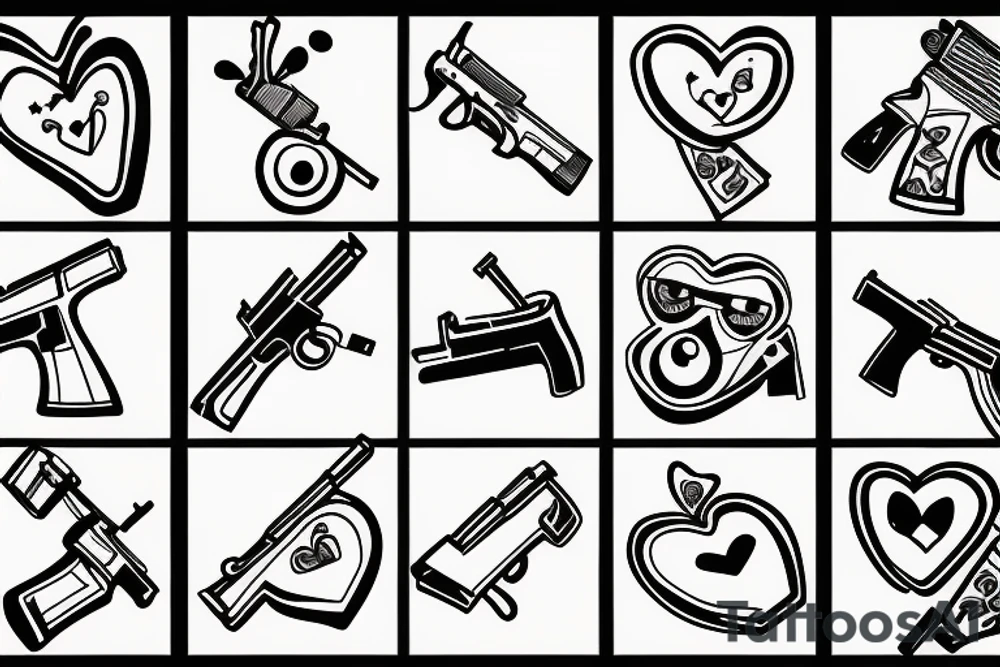 Guns shooting heart and love tattoo idea