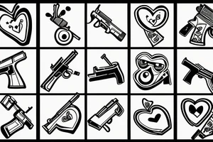 Guns shooting heart and love tattoo idea