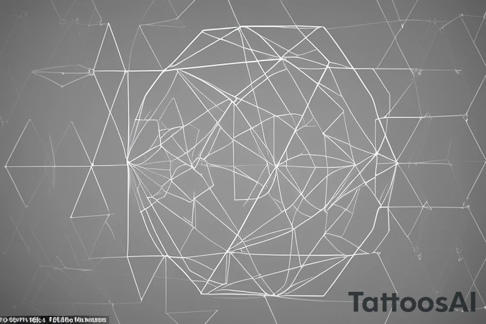 Imagine a form with geometric structures such as triangles and circles. The sizes of the triangles and circles vary, and the circles are more elliptical in shape. These geometric objects are closely packed together, leaving little space between them.

A sheet of film is then stretched over this form and pressed firmly against its surface. The film conforms to the contours of the geometric structures. Sharp edges are formed where the edges of the geometric objects meet the film, marking the transitions between the different shapes.

Despite the presence of sharp edges, the overall surface appears rounded. This is because the film takes on the shape of the geometric structures and bends slightly around them. This creates a sense of smoothness and flexibility in the representation. The film imparts a subtle roundness to the geometric objects. tattoo idea