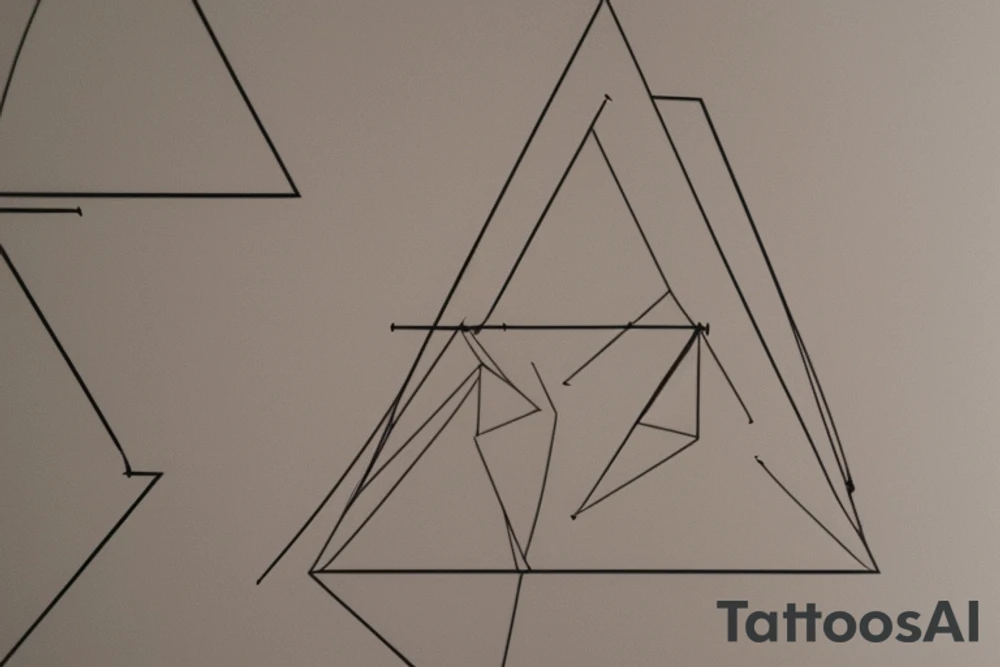 Imagine a form with geometric structures such as triangles and circles. The sizes of the triangles and circles vary, and the circles are more elliptical in shape. These geometric objects are closely packed together, leaving little space between them.

A sheet of film is then stretched over this form and pressed firmly against its surface. The film conforms to the contours of the geometric structures. Sharp edges are formed where the edges of the geometric objects meet the film, marking the transitions between the different shapes.

Despite the presence of sharp edges, the overall surface appears rounded. This is because the film takes on the shape of the geometric structures and bends slightly around them. This creates a sense of smoothness and flexibility in the representation. The film imparts a subtle roundness to the geometric objects. tattoo idea