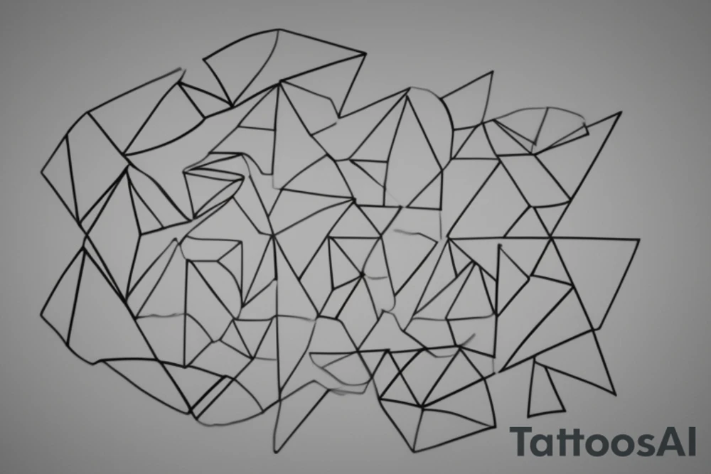 Imagine a form with geometric structures such as triangles and circles. The sizes of the triangles and circles vary, and the circles are more elliptical in shape. These geometric objects are closely packed together, leaving little space between them.

A sheet of film is then stretched over this form and pressed firmly against its surface. The film conforms to the contours of the geometric structures. Sharp edges are formed where the edges of the geometric objects meet the film, marking the transitions between the different shapes.

Despite the presence of sharp edges, the overall surface appears rounded. This is because the film takes on the shape of the geometric structures and bends slightly around them. This creates a sense of smoothness and flexibility in the representation. The film imparts a subtle roundness to the geometric objects. tattoo idea
