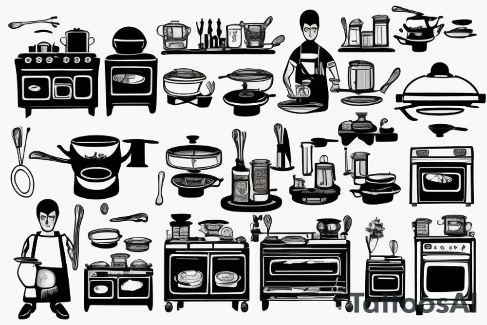 full figure of a male cook at a 4 burner stove tattoo idea