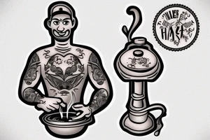 full figure of a male cook at a 4 burner stove tattoo idea