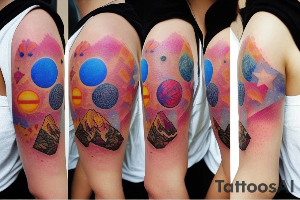 3 vertical squares. In the bottom square, there are beautiful plants and flowers of all sorts. In the middle square there is a mountain and a sun in the sky. In the highest square there is a beautiful nightsky with stars and planets. tattoo idea