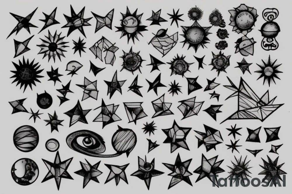 3 vertical squares. In the bottom square, there are beautiful plants and flowers of all sorts. In the middle square there is a mountain and a sun in the sky. In the highest square there is a beautiful nightsky with stars and planets. tattoo idea