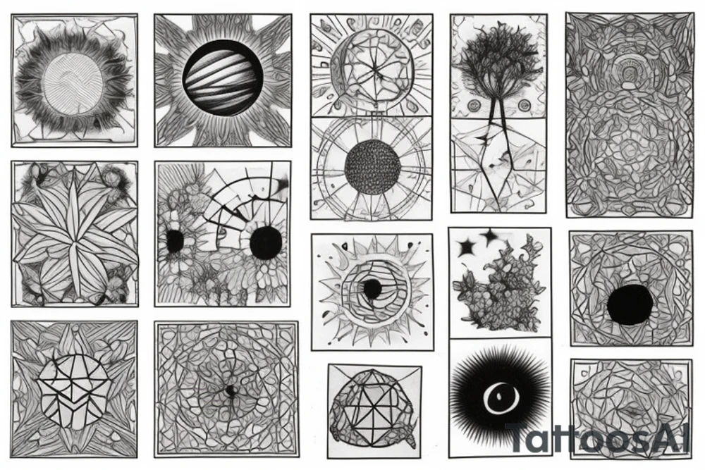3 vertical squares with differents drawing in each one. In the bottom square, there are beautiful plants and flowers of all sorts. In the middle square there is a mountain and a sun in the sky. In the highest square there is a beautiful nightsky with stars and planets. tattoo idea