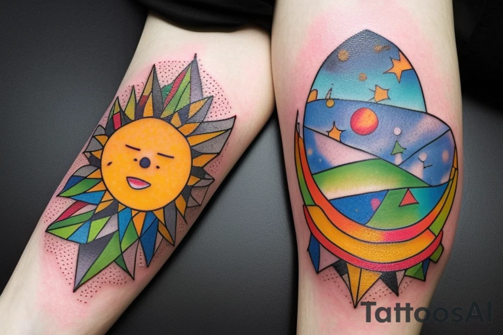 3 vertical squares with differents drawing in each one. In the bottom square, there are beautiful plants and flowers of all sorts. In the middle square there is a mountain and a sun in the sky. In the highest square there is a beautiful nightsky with stars and planets. tattoo idea