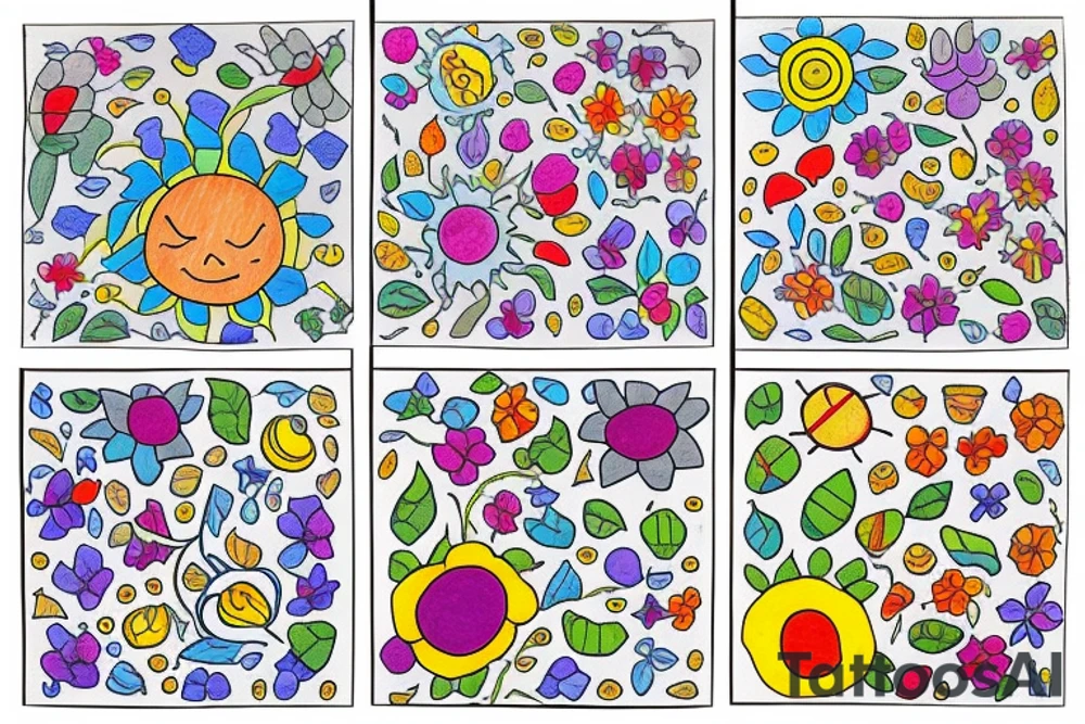 3 vertical little squares with different drawings in each one. In the first square, starting with the botum, there are lots of plants and flowers. In the second square there are a mountain and a sun. In the third square there is a nightsky with planets and lots of stars tattoo idea