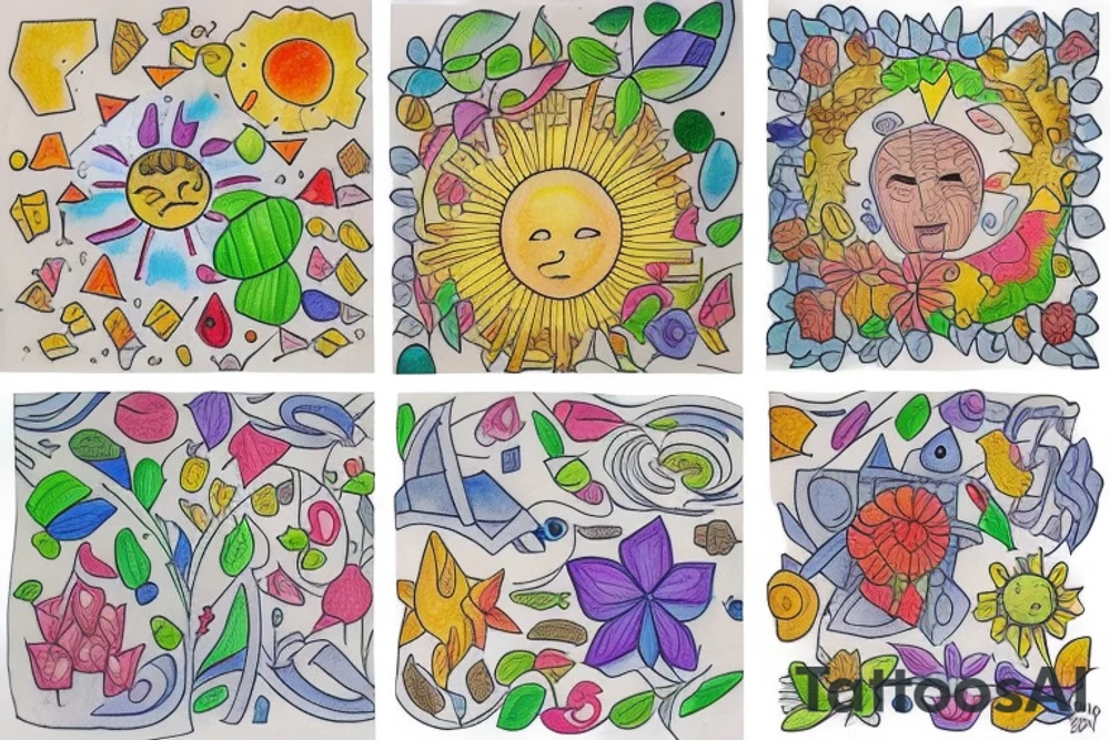 3 vertical little squares with different drawings in each one. In the first square, starting with the botum, there are lots of plants and flowers. In the second square there are a mountain and a sun. In the third square there is a nightsky with planets and lots of stars tattoo idea