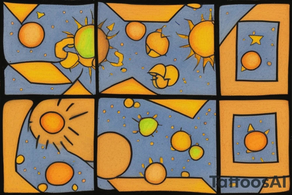 3 little squares aligned vertically with space in between. In each squares, there's different drawings. In the first square, starting with the botum, there are lots of plants and flowers. In the second square there are a mountain and a sun. In the third square there is a nightsky with planets and lots of stars tattoo idea