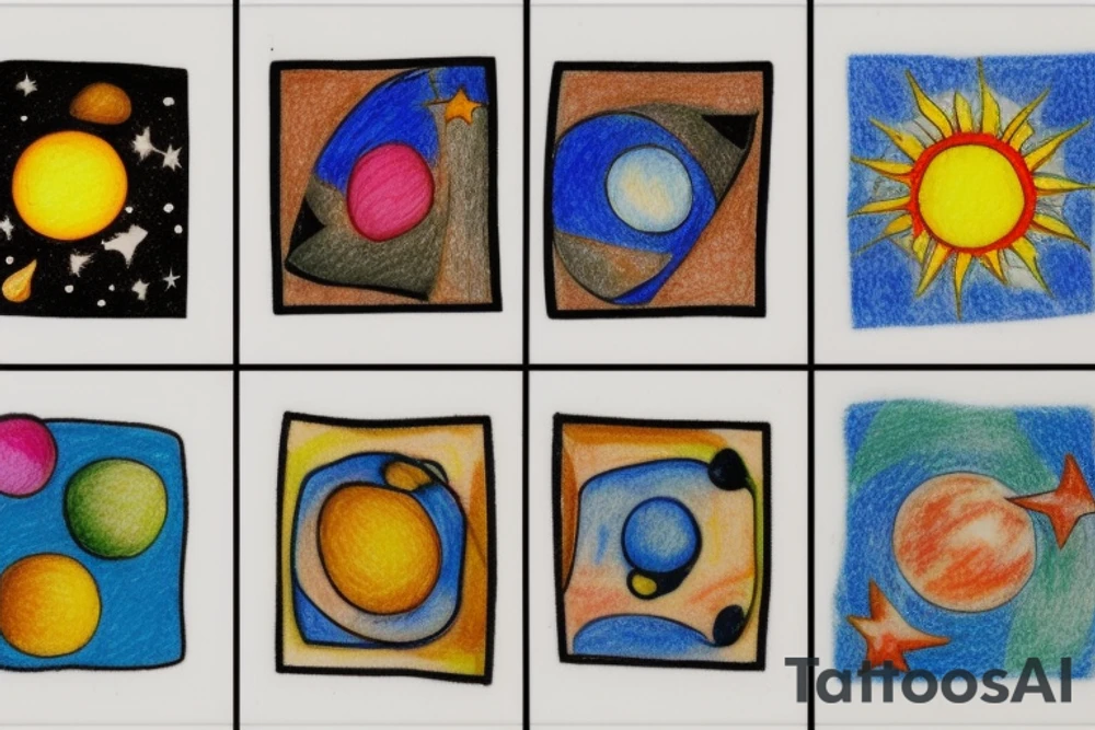 3 little squares aligned vertically with space in between. In each squares, there's different drawings. In the first square, starting with the botum, there are lots of plants and flowers. In the second square there are a mountain and a sun. In the third square there is a nightsky with planets and lots of stars tattoo idea