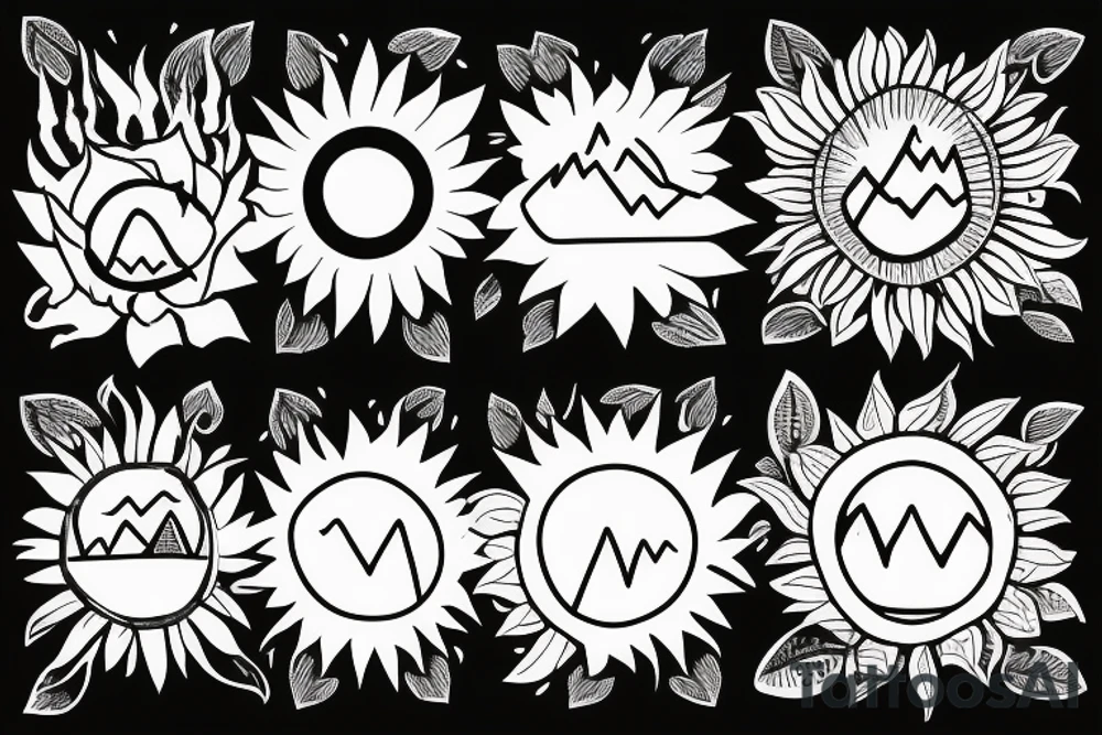 Three little square horizontally aligned, one with flowers in it, one with a mountain and a sun in it, one with a nightsky in it tattoo idea