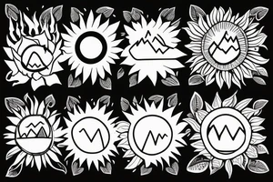 Three little square horizontally aligned, one with flowers in it, one with a mountain and a sun in it, one with a nightsky in it tattoo idea