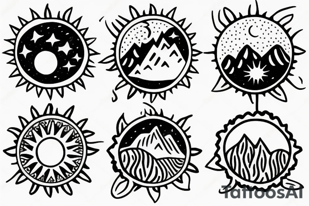 Three little square horizontally aligned, one with flowers in it, one with a mountain and a sun in it, one with a nightsky in it tattoo idea
