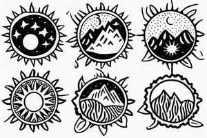 Three little square horizontally aligned, one with flowers in it, one with a mountain and a sun in it, one with a nightsky in it tattoo idea