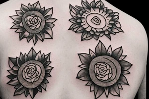 Three little square horizontally aligned, one with flowers in it, one with a mountain and a sun in it, one with a nightsky in it tattoo idea