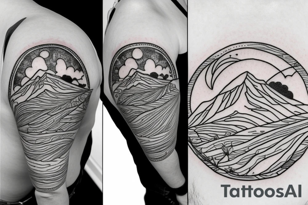 Three little square horizontally aligned, one with flowers in it, one with a mountain and a sun in it, one with a nightsky in it tattoo idea