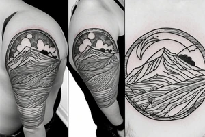 Three little square horizontally aligned, one with flowers in it, one with a mountain and a sun in it, one with a nightsky in it tattoo idea