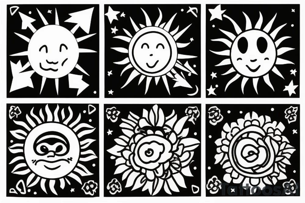 Three little square horizontally aligned, one with flowers in it, one with a mountain and a sun in it, one with a nightsky in it tattoo idea
