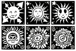 Three little square horizontally aligned, one with flowers in it, one with a mountain and a sun in it, one with a nightsky in it tattoo idea