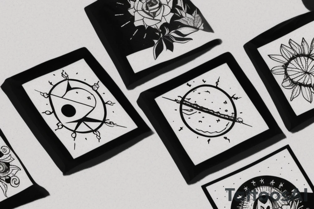 Three little square horizontally aligned, one with flowers in it, one with a mountain and a sun in it, one with a nightsky in it tattoo idea