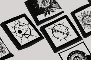 Three little square horizontally aligned, one with flowers in it, one with a mountain and a sun in it, one with a nightsky in it tattoo idea