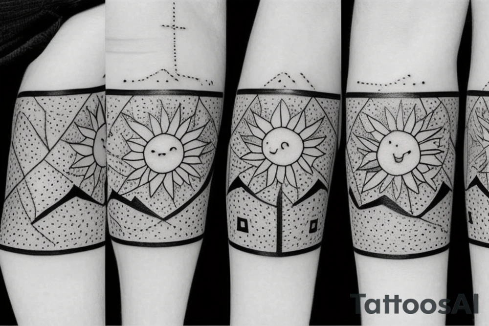Three little square horizontally aligned, one with flowers in it, one with a mountain and a sun in it, one with a nightsky in it tattoo idea