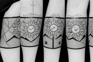 Three little square horizontally aligned, one with flowers in it, one with a mountain and a sun in it, one with a nightsky in it tattoo idea