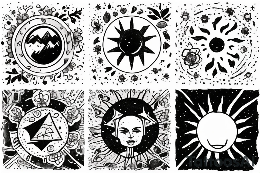 Three little square horizontally aligned, one with flowers in it, one with a mountain and a sun in it, one with a nightsky in it tattoo idea