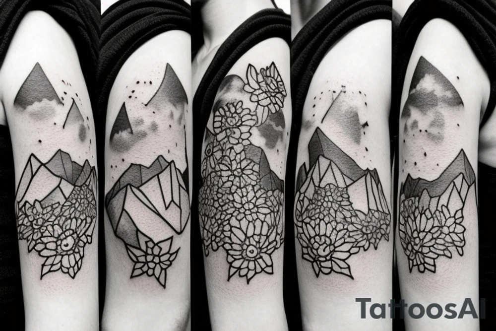 Three little square horizontally aligned, one with flowers in it, one with a mountain and a sun in it, one with a nightsky in it tattoo idea