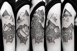Three little square horizontally aligned, one with flowers in it, one with a mountain and a sun in it, one with a nightsky in it tattoo idea
