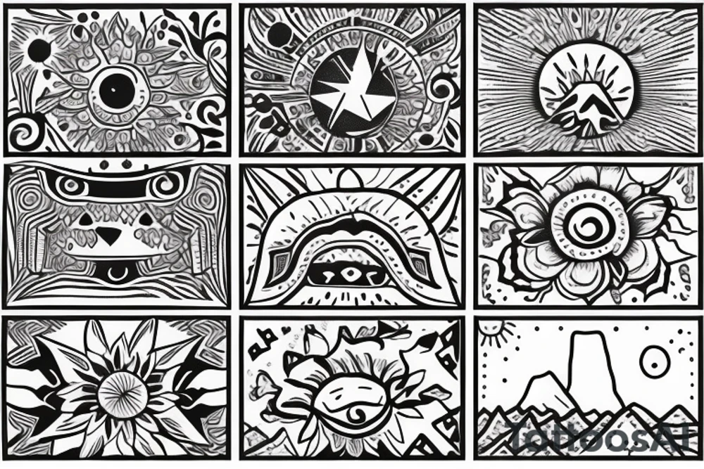 Three little square horizontally aligned, one with flowers in it, one with a mountain and a sun in it, one with a nightsky in it tattoo idea