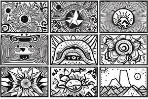 Three little square horizontally aligned, one with flowers in it, one with a mountain and a sun in it, one with a nightsky in it tattoo idea