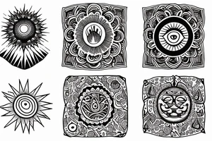 Three little square horizontally aligned, one with flowers in it, one with a mountain and a sun in it, one with a nightsky in it tattoo idea